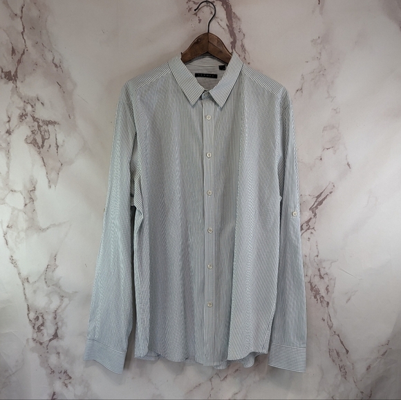 Theory Shirt Mens XXL Gray White Button Up Long Sleeve Fitted Birds Eye Print - Picture 1 of 12